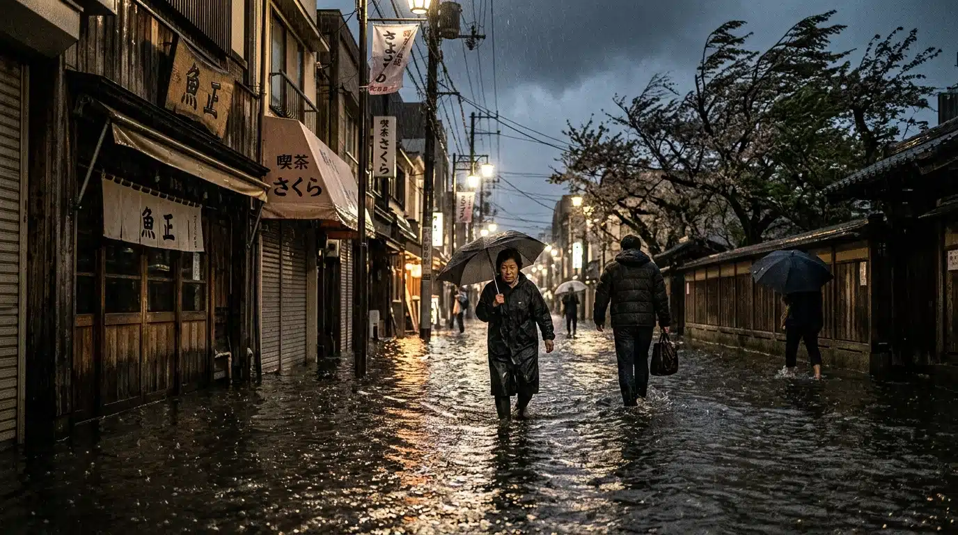 Rue inondée dans une ville japonaise sous la pluie