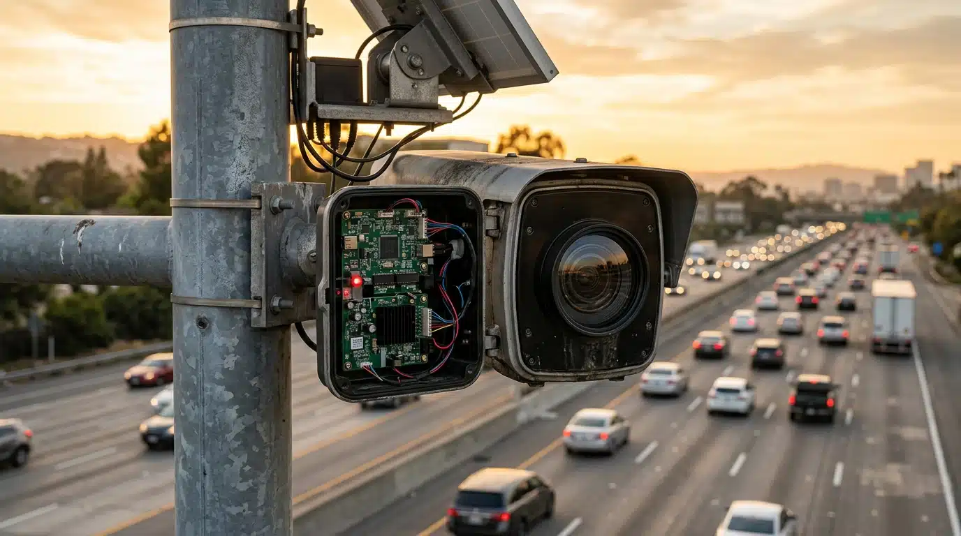 Caméra de surveillance routière fixée sur un poteau métallique