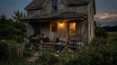 Maison rurale délabrée avec porche encombré de détritus