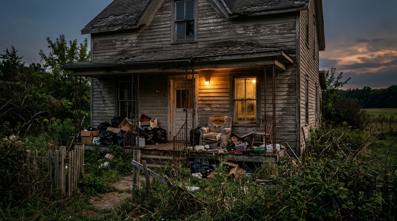 Maison rurale délabrée avec porche encombré de détritus