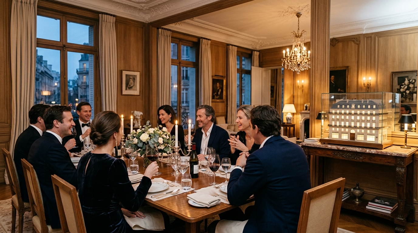 Dîner privé entre invités dans un salon haussmannien élégant