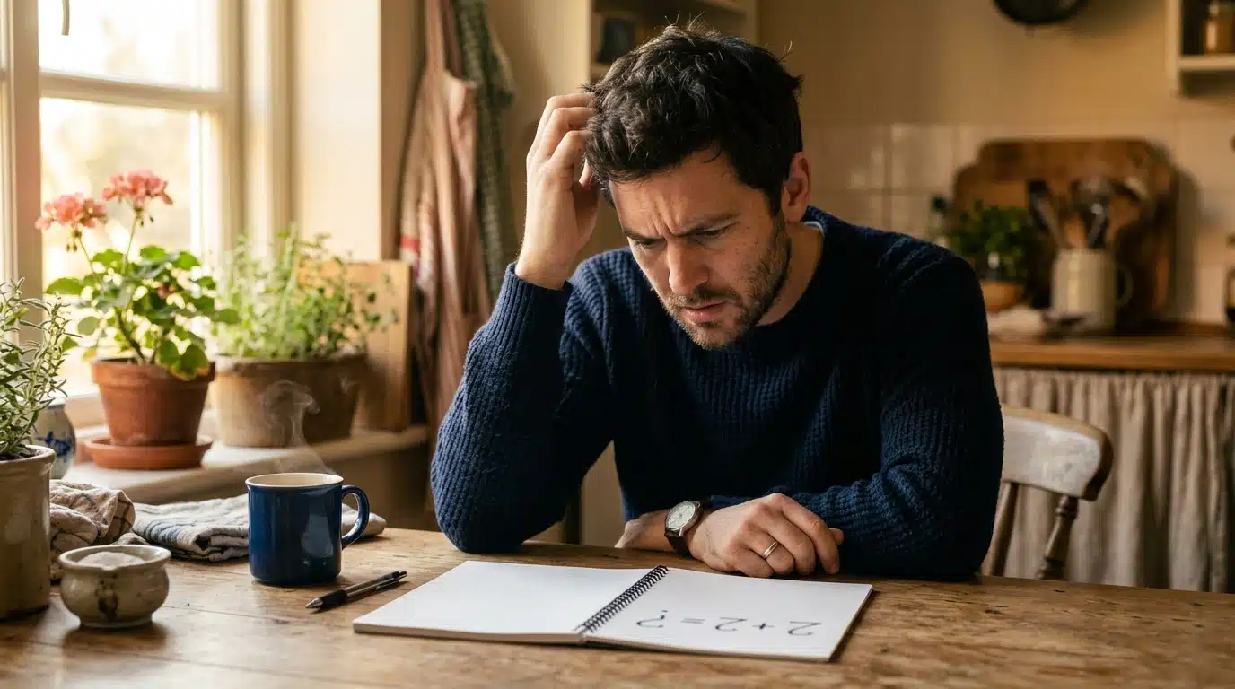 Homme perplexe devant un calcul mathématique simple