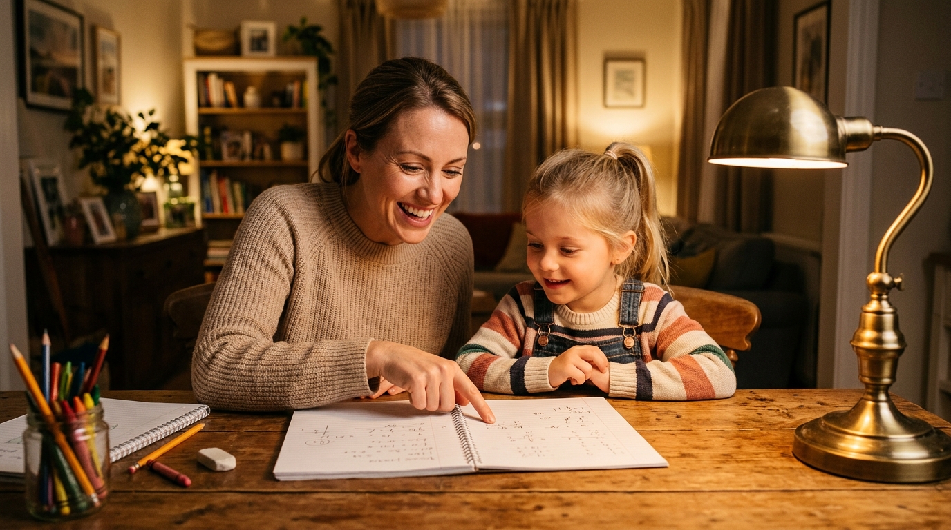 Mère et fille résolvant ensemble une énigme de calcul