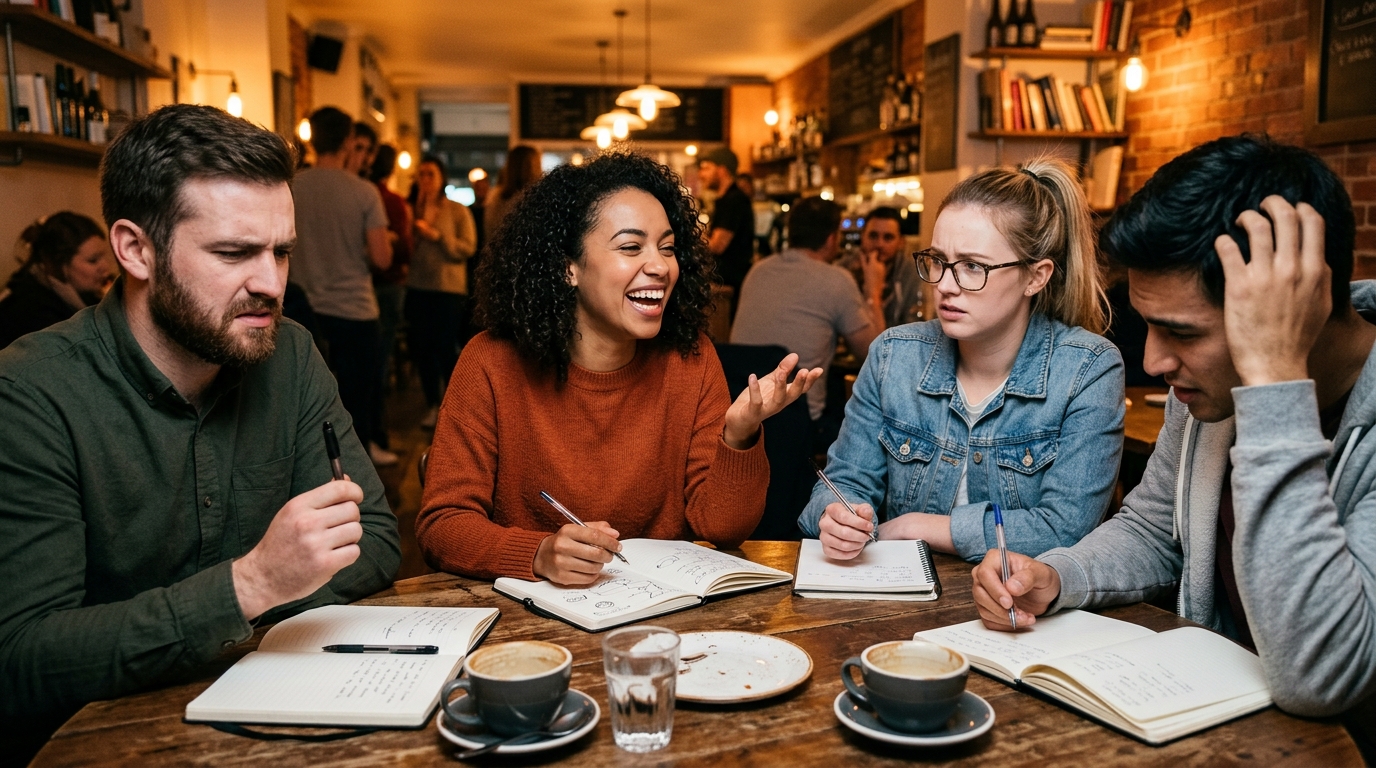 Amis autour d'une table testant un calcul piège