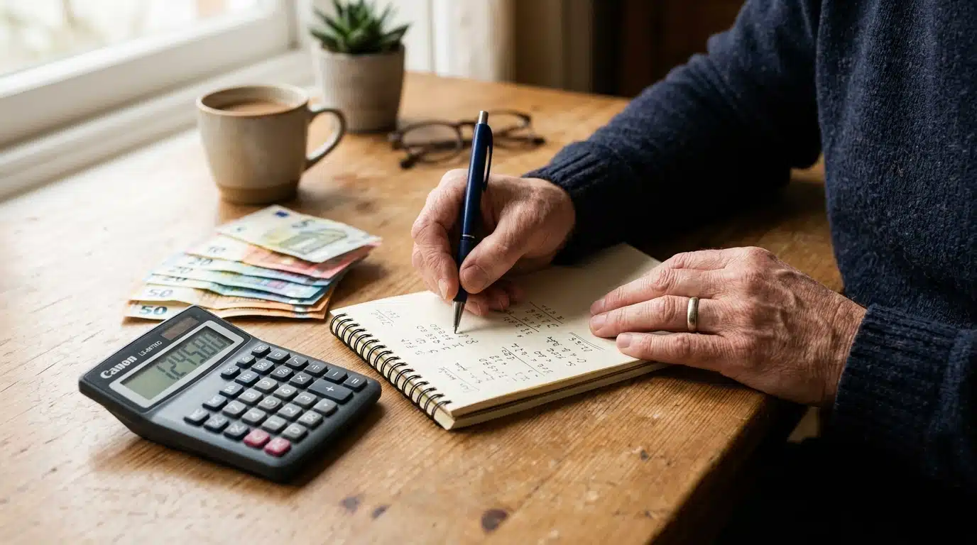 Mains calculant des intérêts avec calculatrice et billets