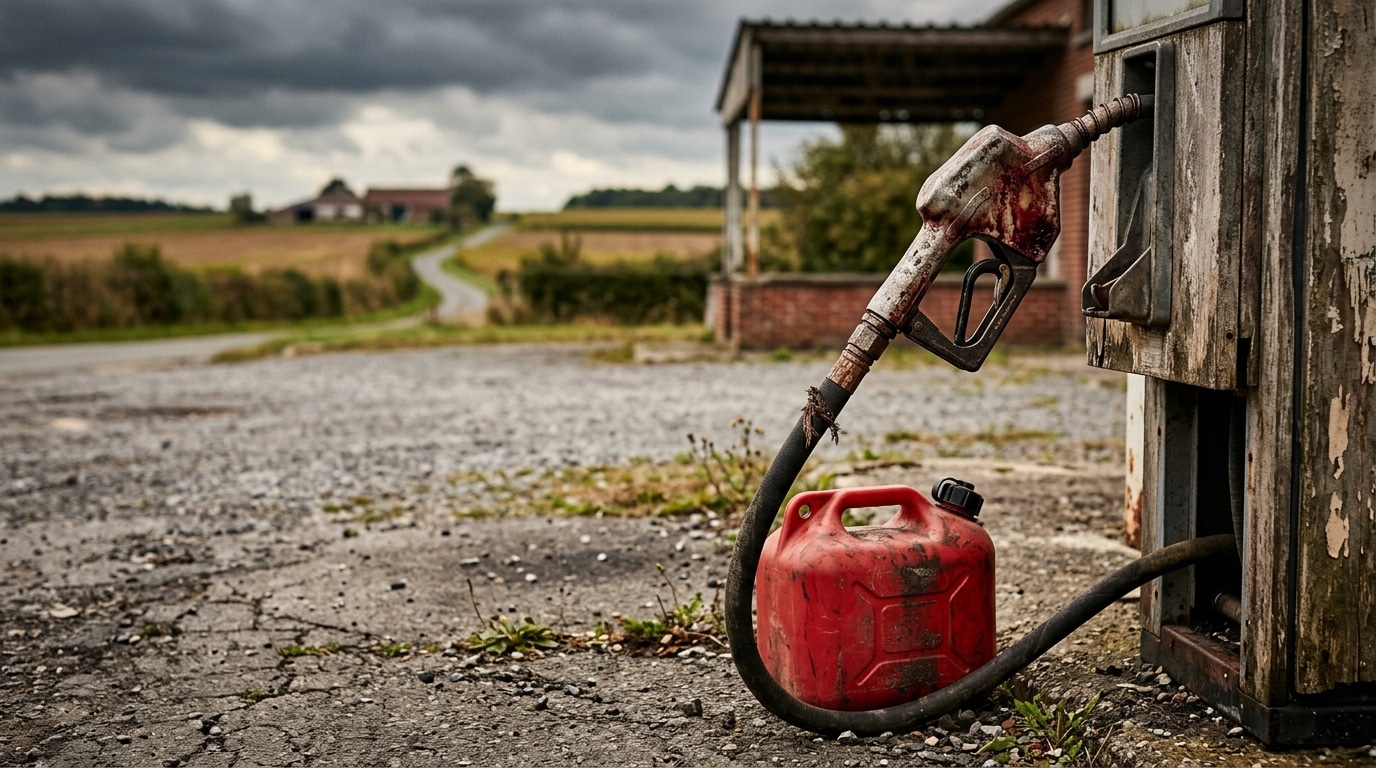 Jerrican rouge posé près d'une pompe à essence rurale