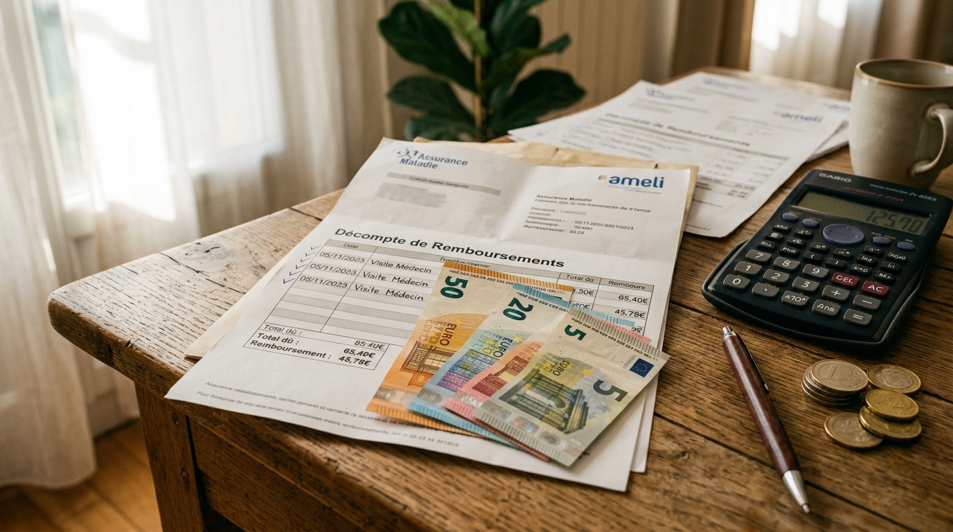 Documents de remboursement santé et billets en euros