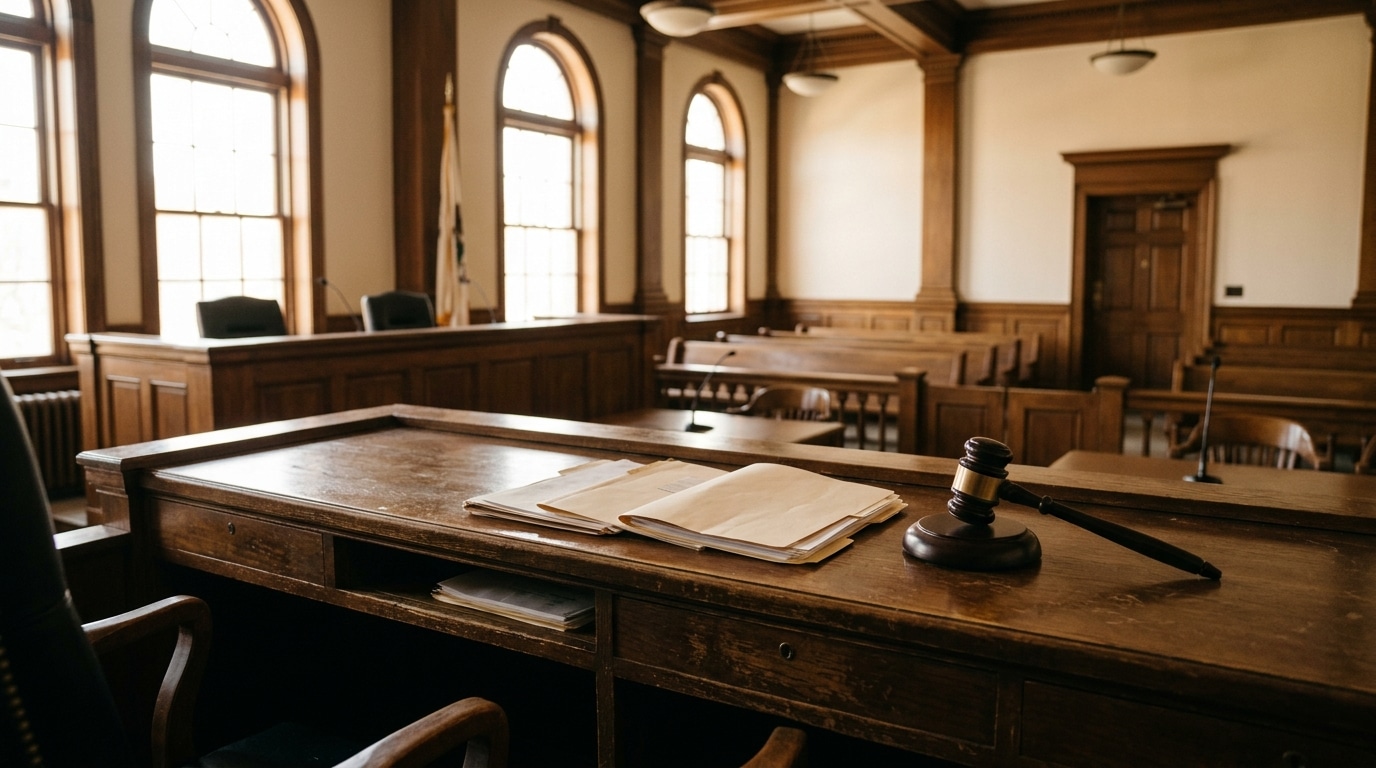Salle d'audience vide avec maillet sur le bureau du juge