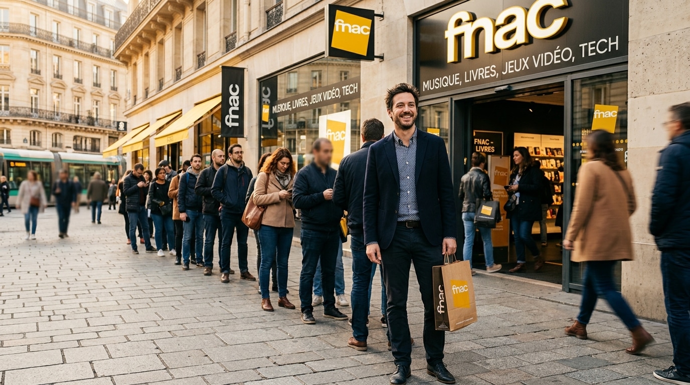 Adulte souriant fait la queue devant un magasin