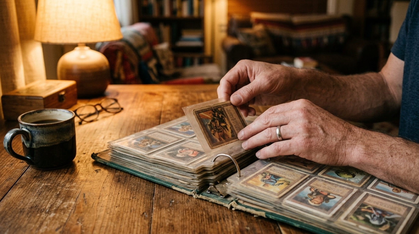 Mains triant un classeur de cartes de collection