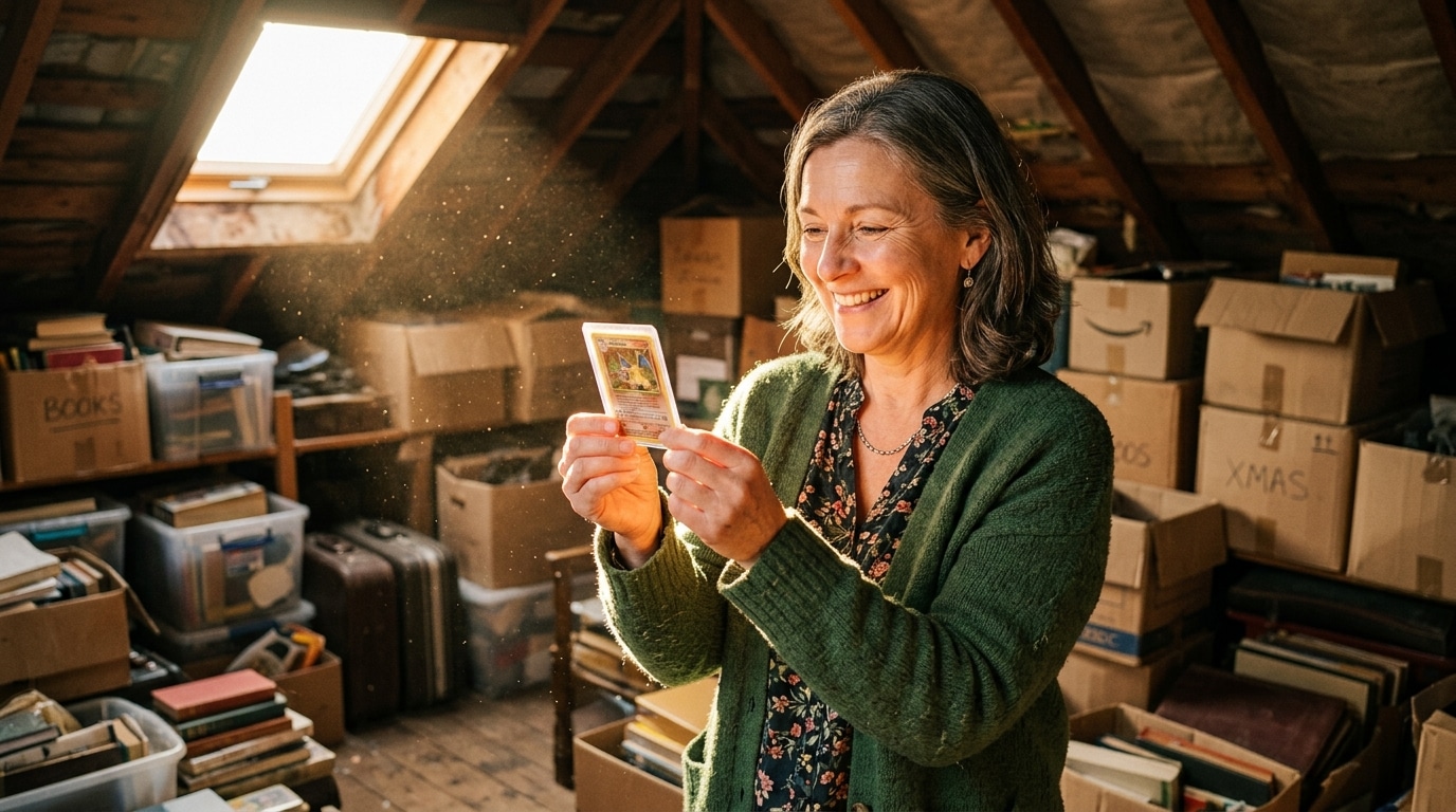 Femme découvrant une carte rare dans un grenier