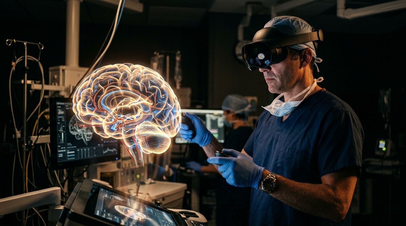 Chirurgien en réalité virtuelle préparant l'opération des jumelles