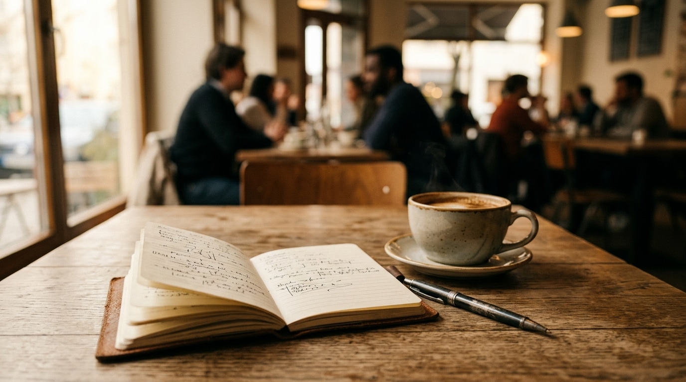 Carnet et stylo sur table de café, silhouettes floues au fond