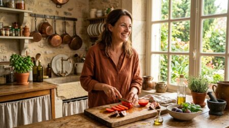 Femme tranchant tomates et figues fraîches en cuisine