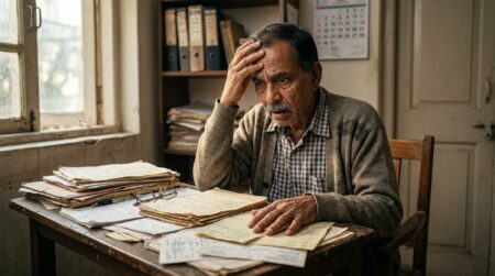 Homme âgé regardant des fiches de paie anciennes, air abattu