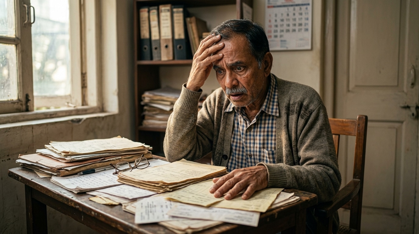 Homme âgé regardant des fiches de paie anciennes, air abattu