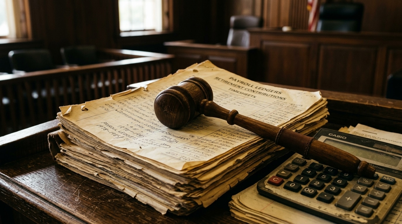 Marteau de justice posé sur des documents de paie