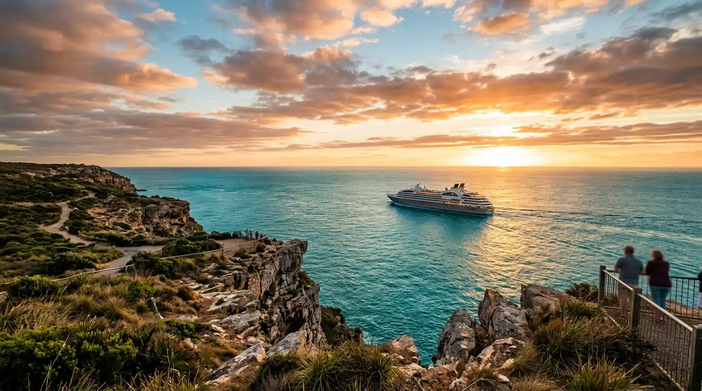 Paquebot de croisière naviguant au coucher du soleil