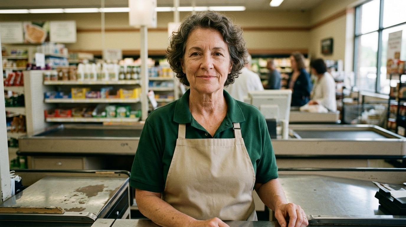Caissière souriante derrière un comptoir de supermarché