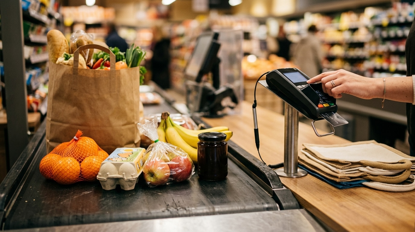 Tapis de caisse de supermarché avec terminal de paiement