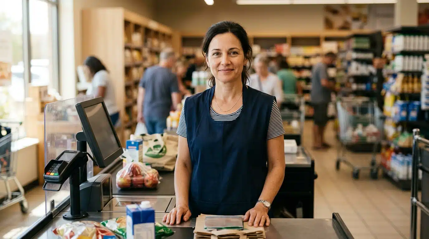 Caissière de supermarché souriante derrière sa caisse