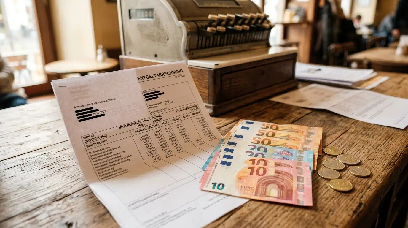 Bulletin de salaire et billets près d'une caisse enregistreuse