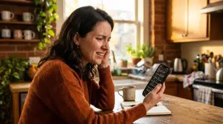Femme perplexe devant un calcul sur son téléphone