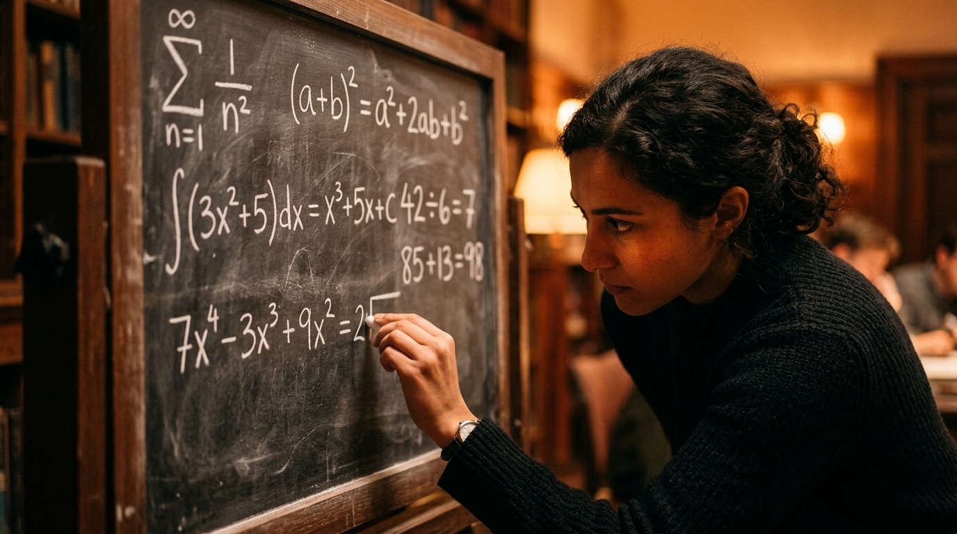 Main écrivant des chiffres et symboles mathématiques au tableau