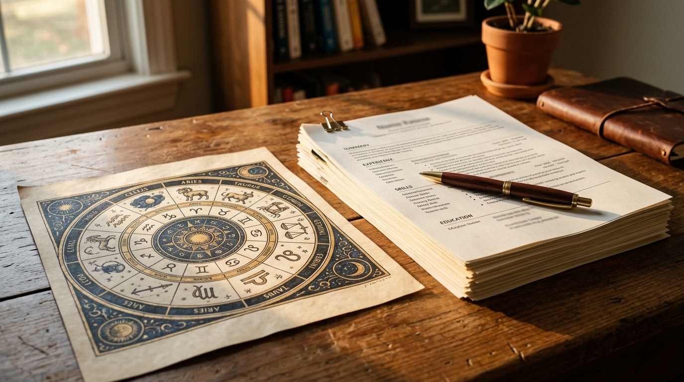 Roue du zodiaque posée sur une pile de CV
