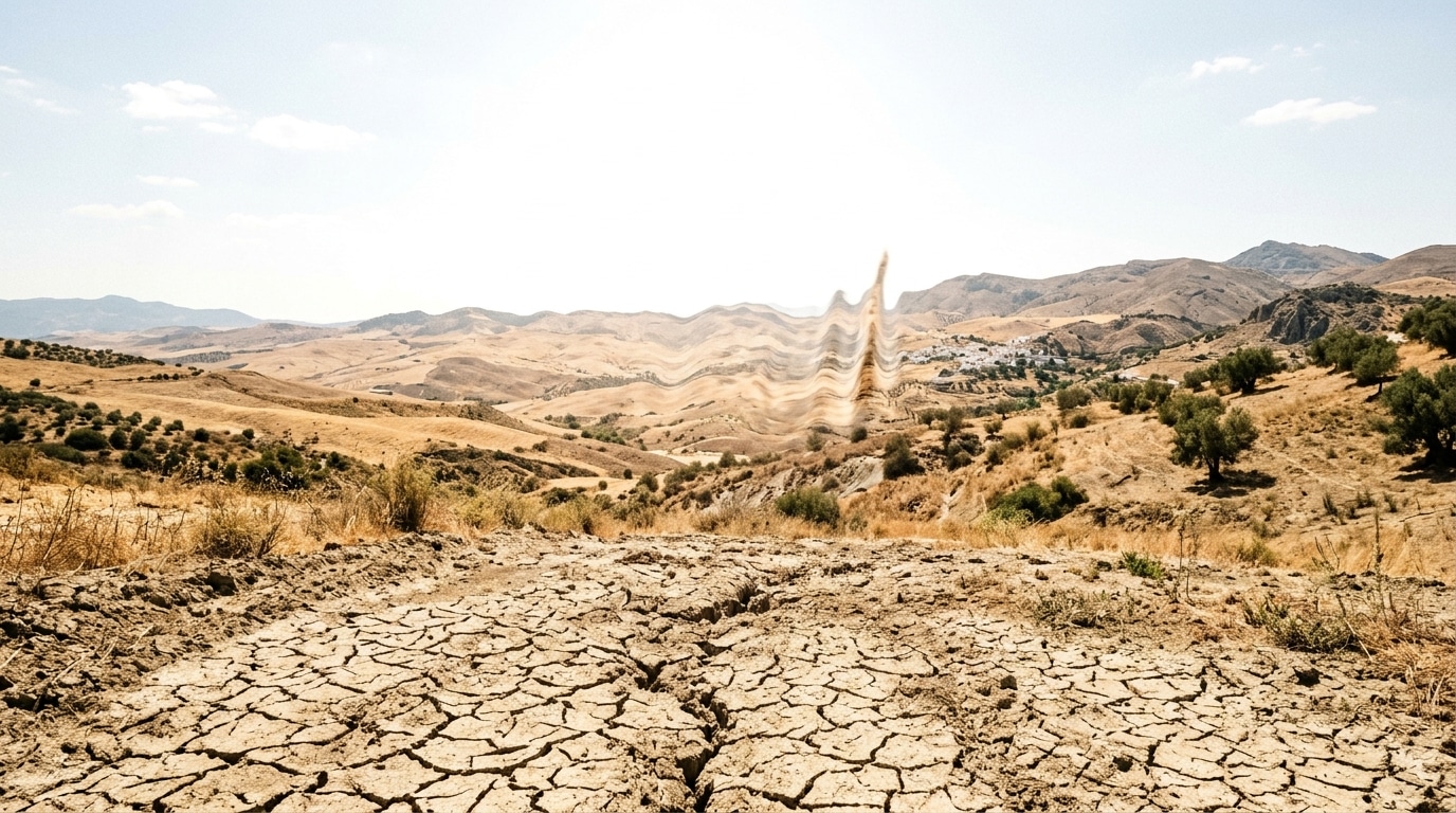 Paysage andalou desséché sous une chaleur écrasante