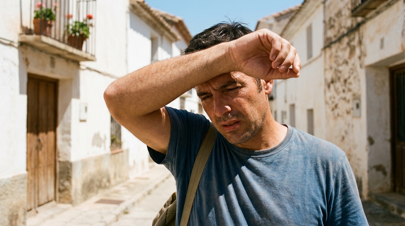 Personne épuisée par la chaleur dans une rue espagnole