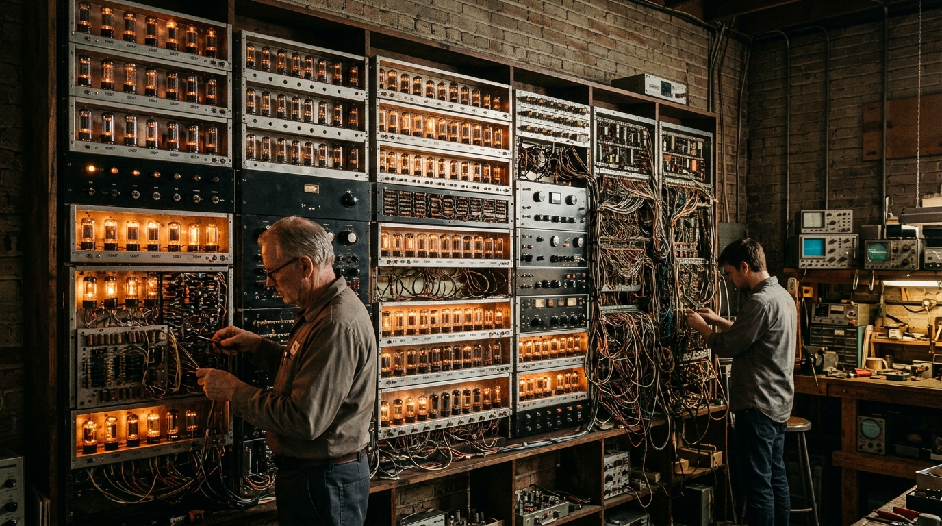 Mur de tubes à vide lumineux formant un ordinateur