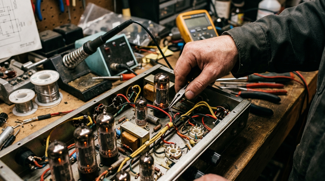 Main ajustant le câblage d'un module électronique vintage