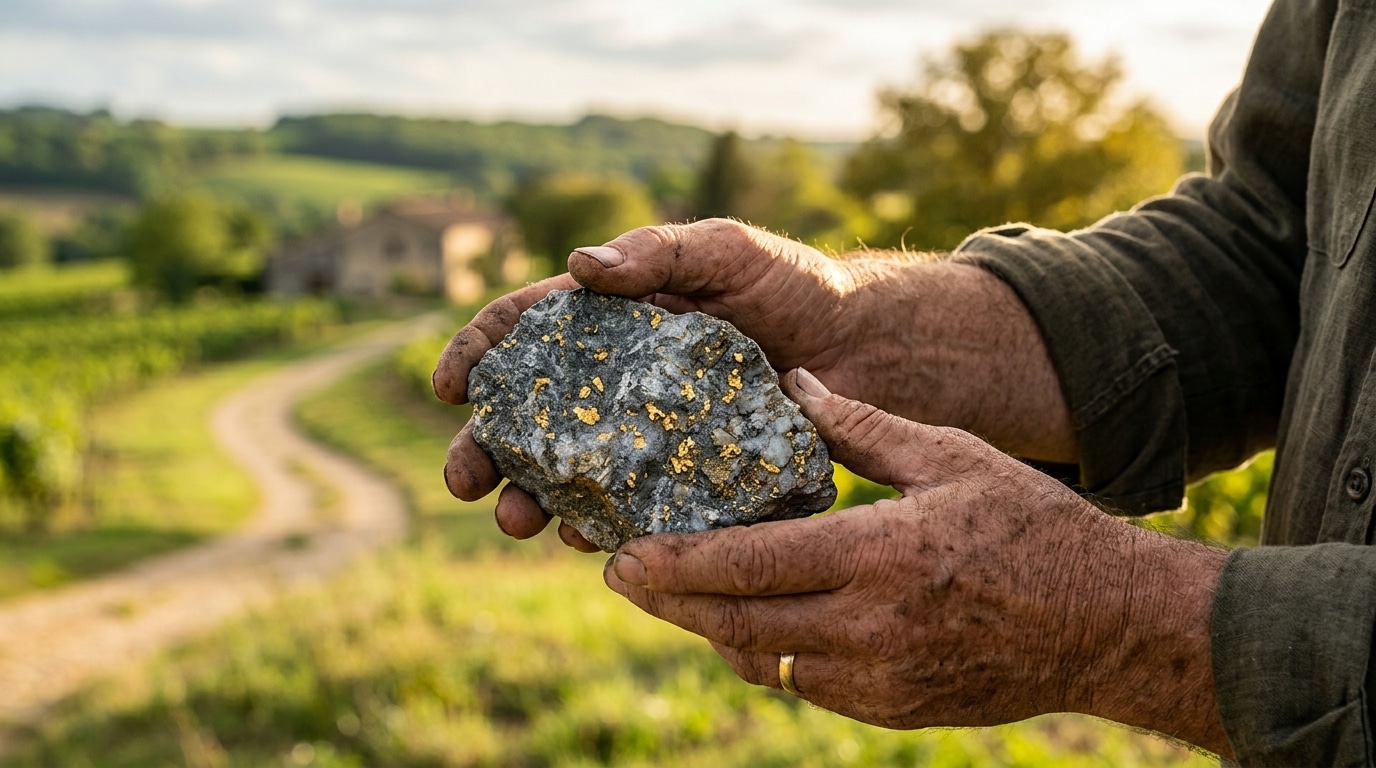 Roche brute avec pépites d'or visibles tenue à la main