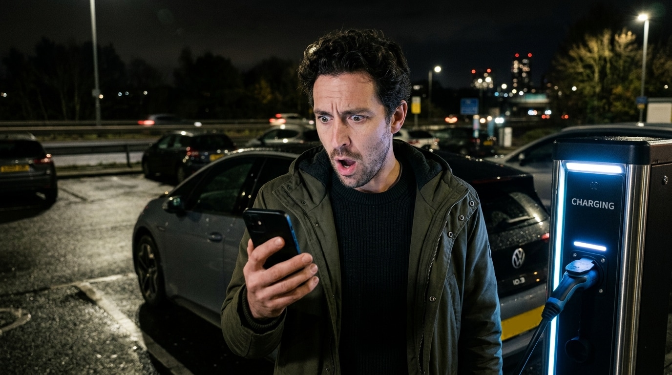 Homme choqué devant facture sur smartphone près borne