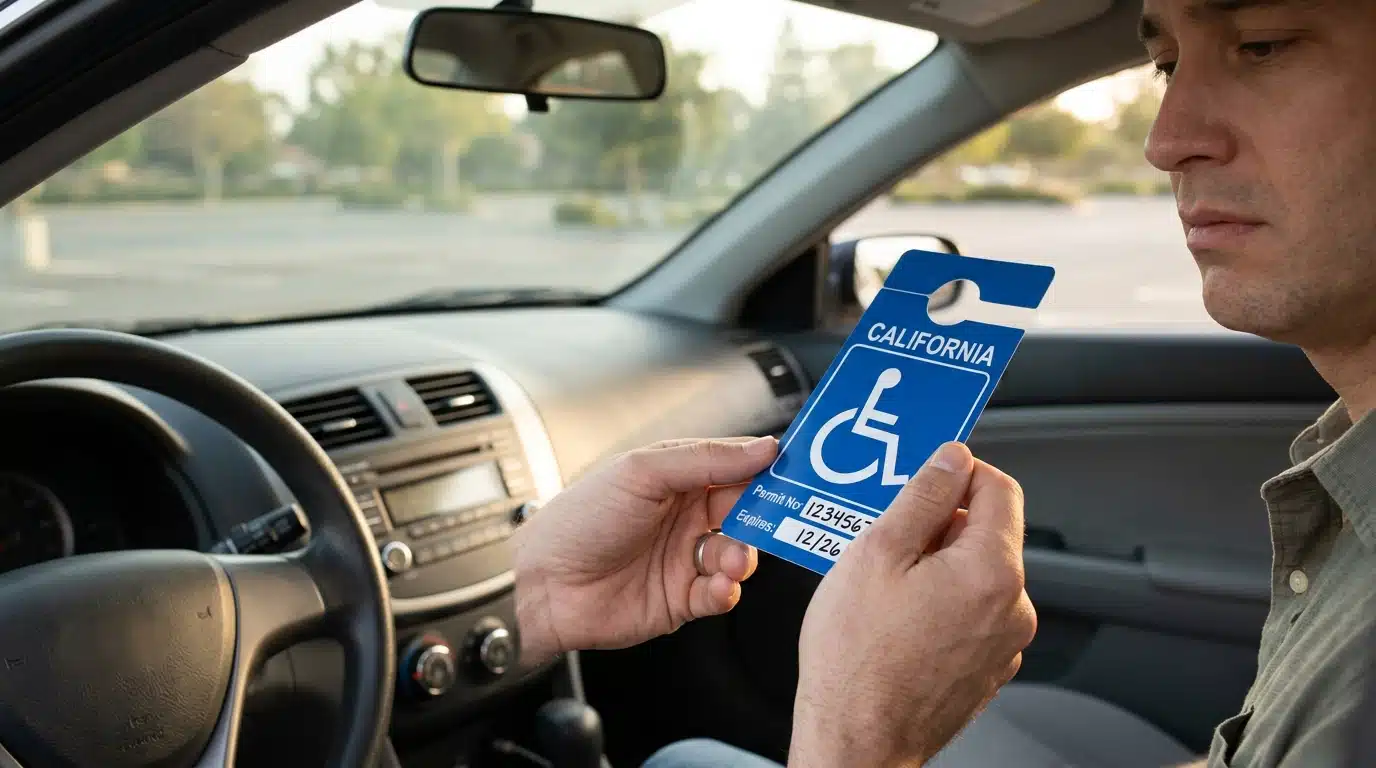 Main tenant une fausse carte de stationnement handicapé