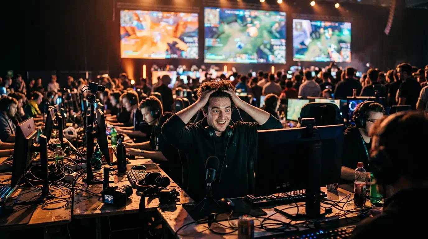 Salle de streaming animée avec écrans lumineux la nuit