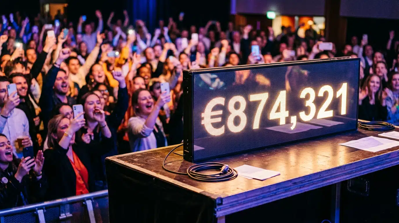 Compteur de dons illuminé devant foule en liesse