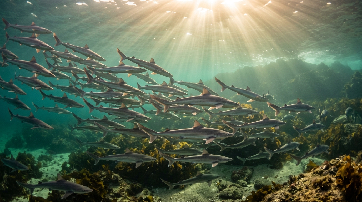 Banc de requins-hâ nageant près de l'île de Ré