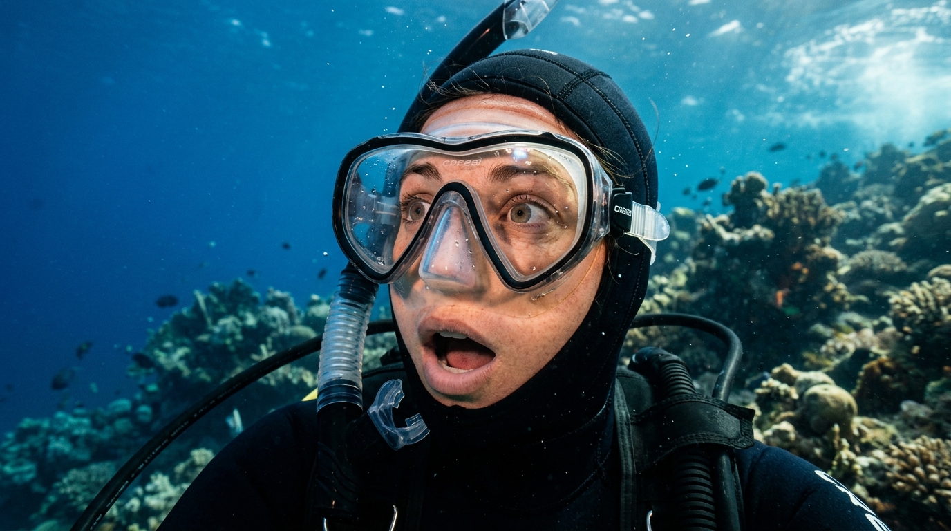 Plongeur émerveillé face à un requin sous l'eau