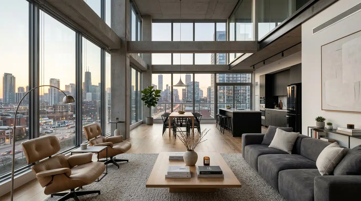 Salon lumineux avec grandes baies vitrées dans un loft new-yorkais