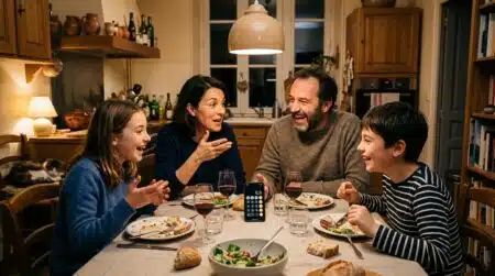 Famille discutant autour d'un calcul mathématique le dimanche soir