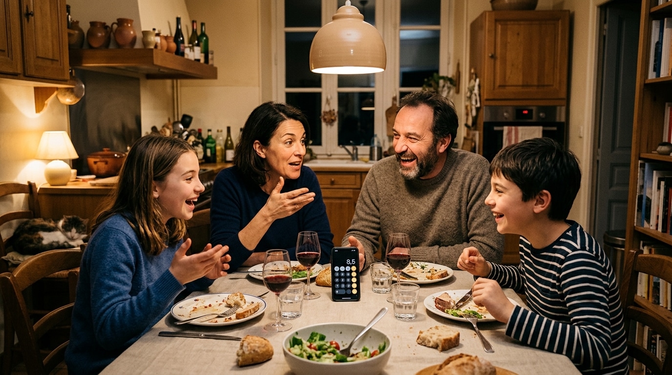 Famille discutant autour d'un calcul mathématique le dimanche soir