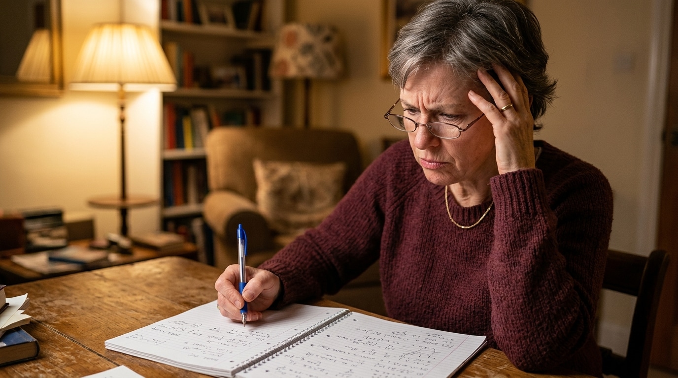 Femme perplexe face à une équation mathématique sur papier