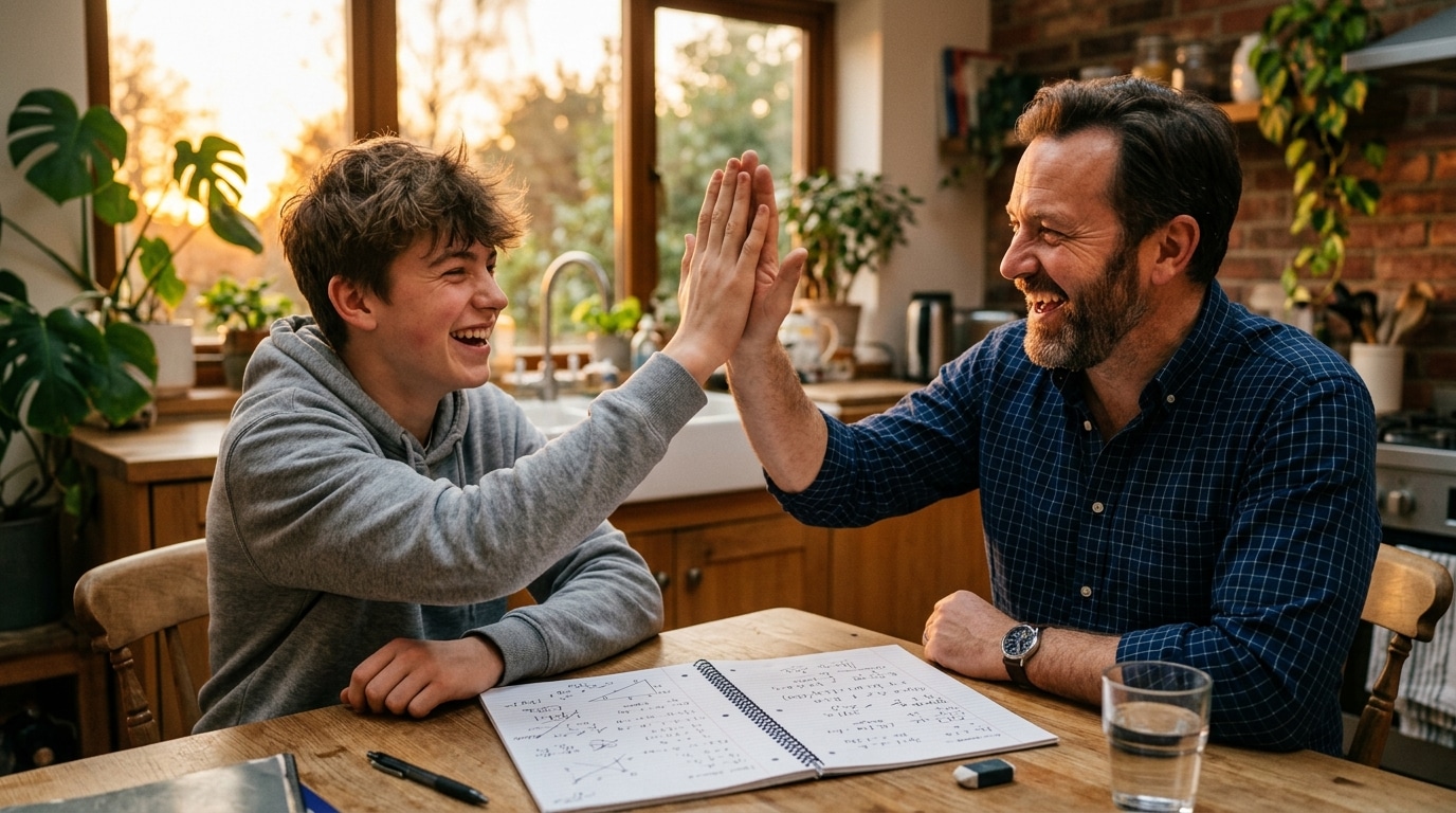 Père et fils célébrant la résolution d'un calcul piège