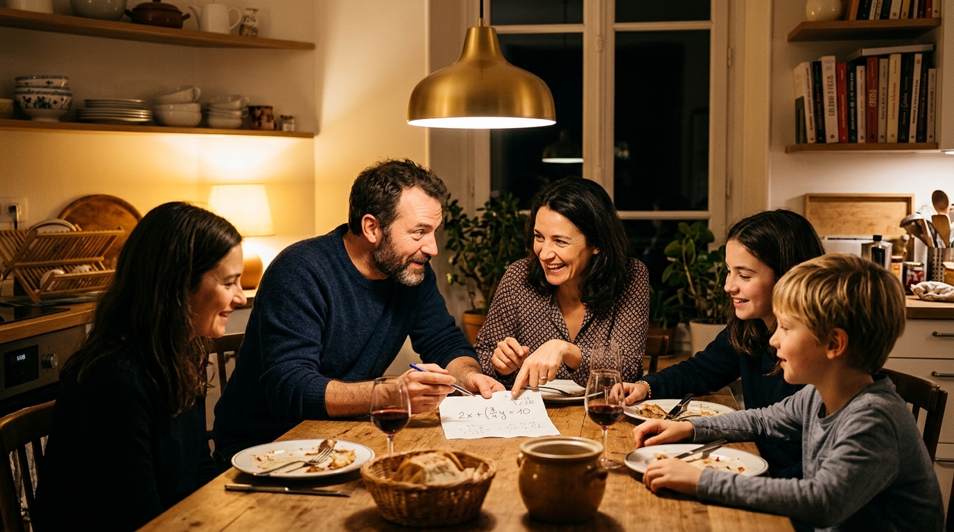 Famille discutant d'un calcul de maths à table le soir