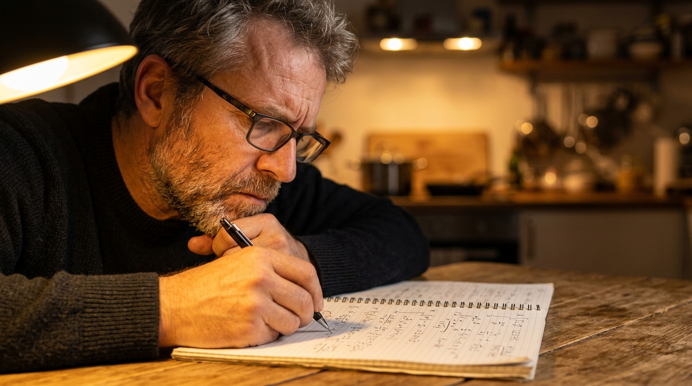 Homme concentré résolvant un calcul mathématique sur papier