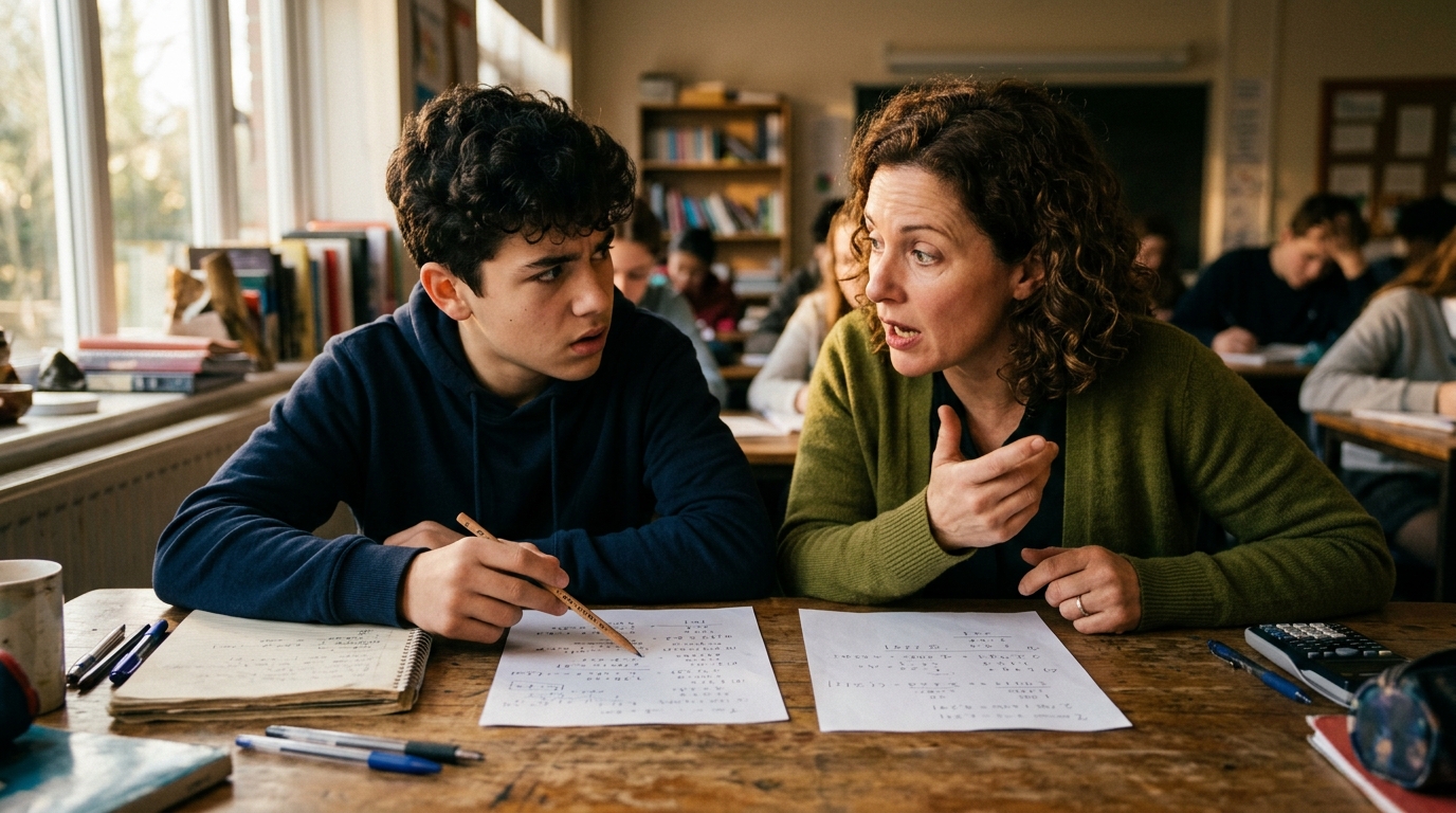 Élève et adulte comparant deux résultats de calcul différents
