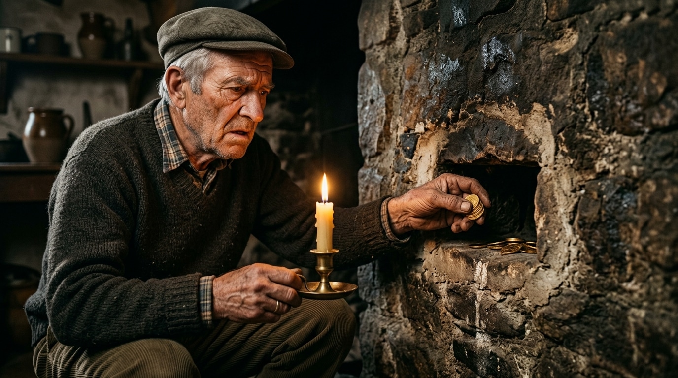 Homme cachant des pièces d'or dans un mur ancien