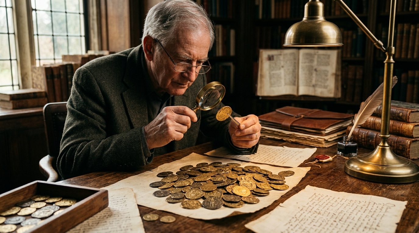 Expert examinant des pièces d'or anciennes sur un bureau